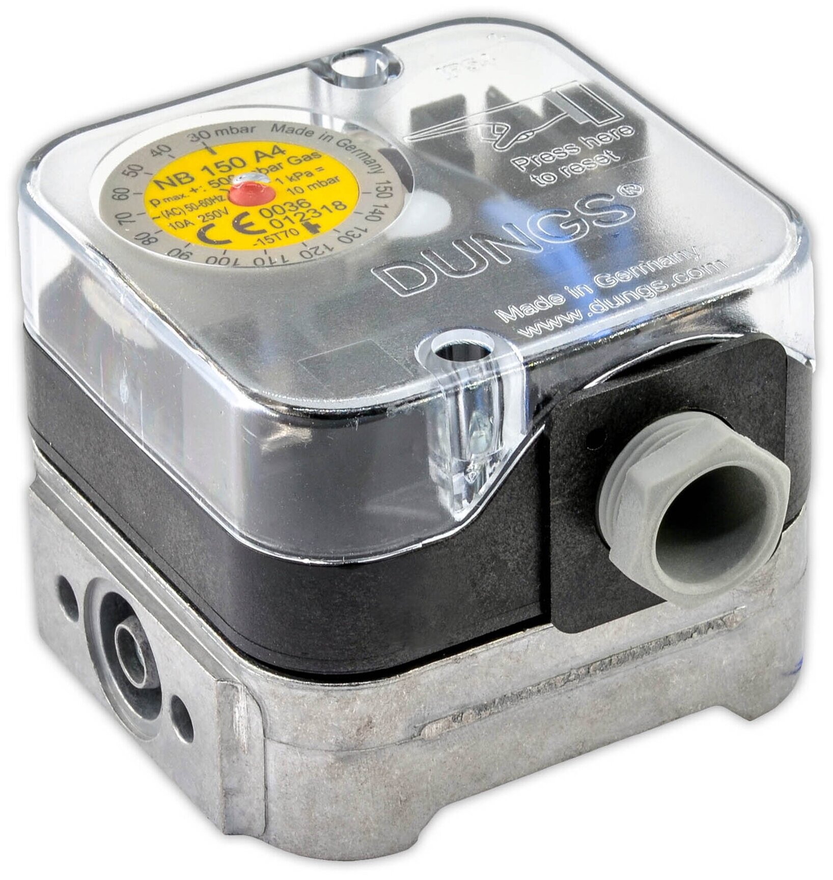 Датчик-реле давления газа минимум с кнопкой сброса и аварийной индикацией DUNGS NB 150 A4 арт.210931 1/4" P max=500 mBar 30-150mbar