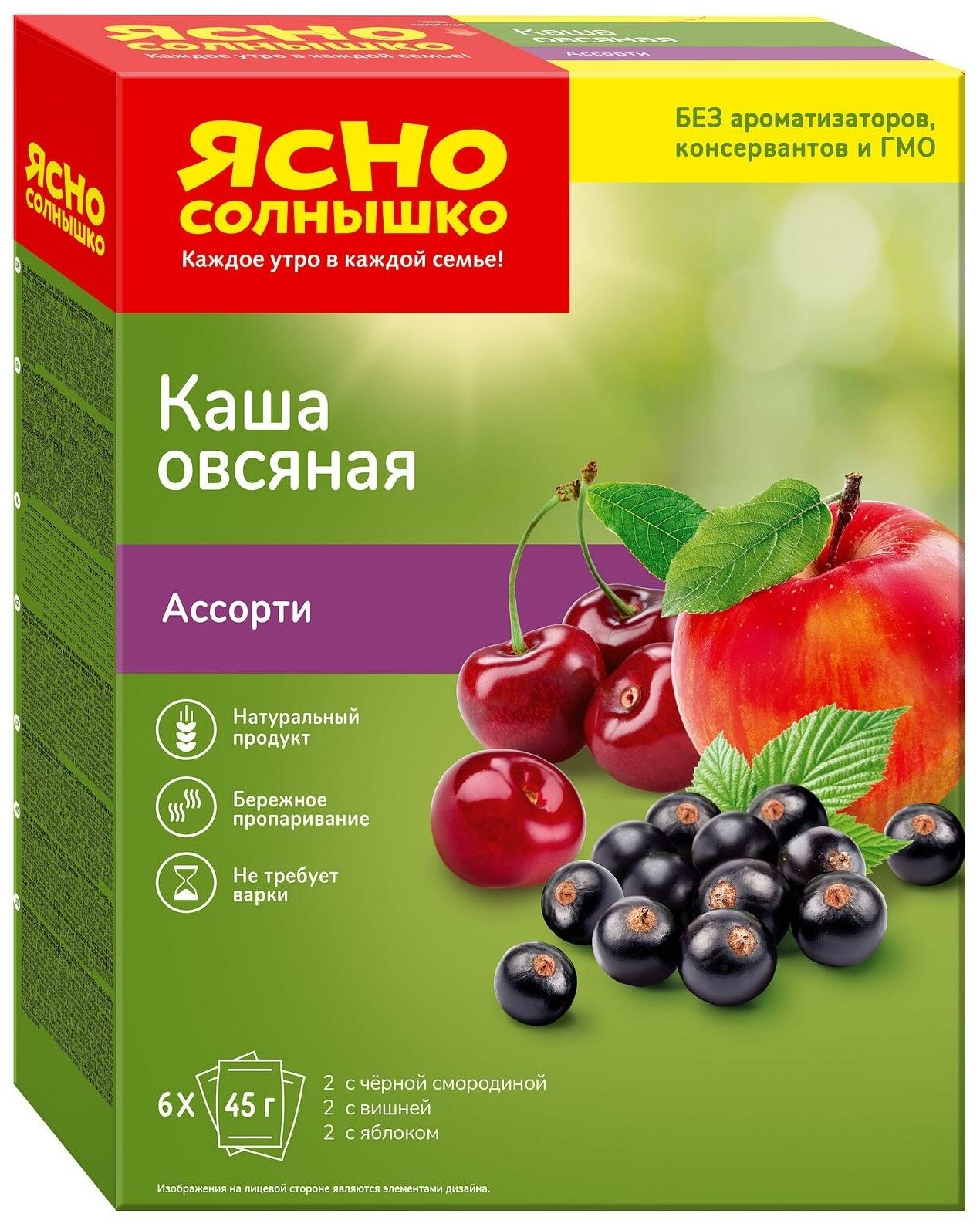 Каша Ясно солнышко НК овсяная ассорти №15 черная смородина/вишня/яблоко 270г, 6 пакетиков х 45г