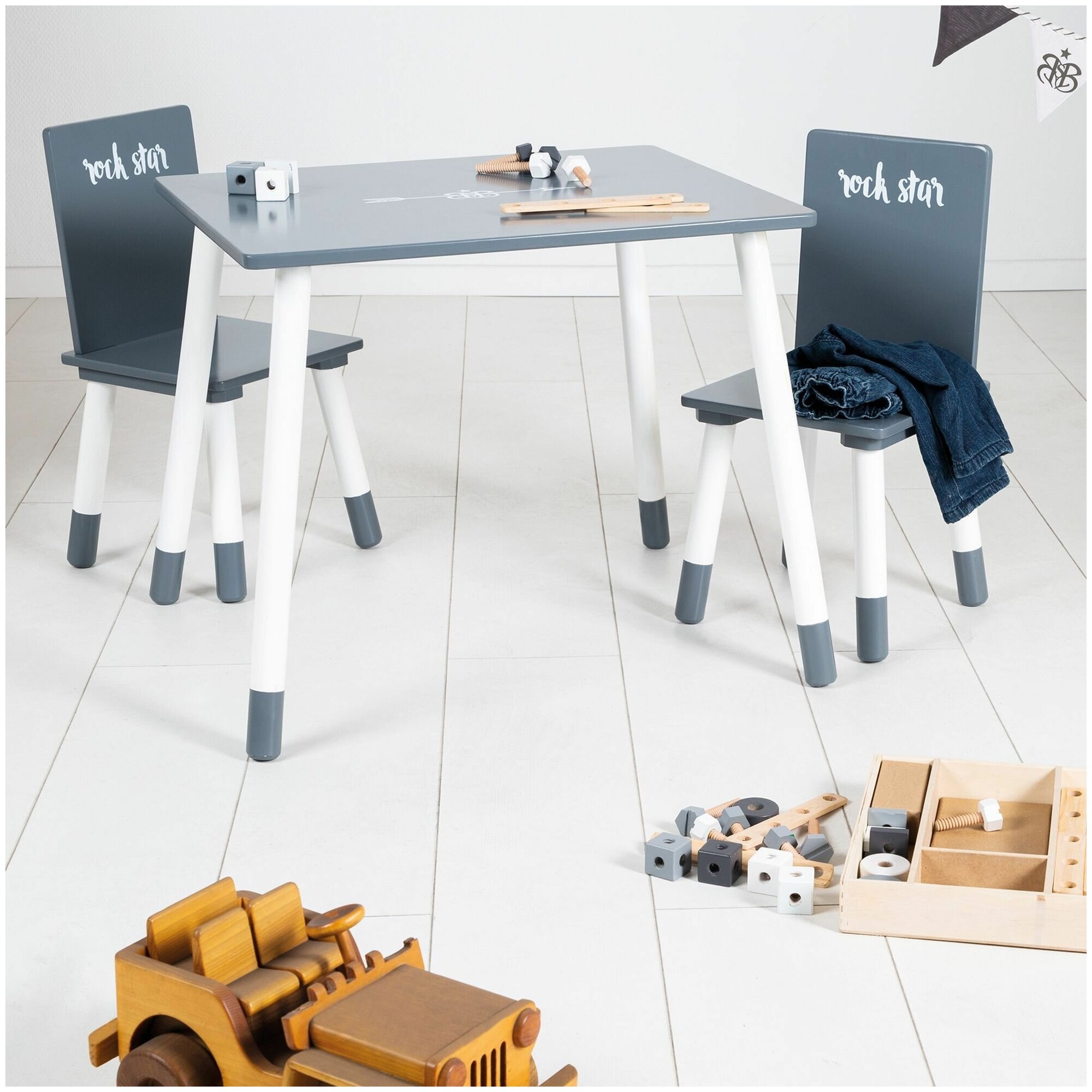Детский стол и стул Roba Комплект детской деревянной мебели Rock Star Baby: стол + 2 стульчика, серый/белый