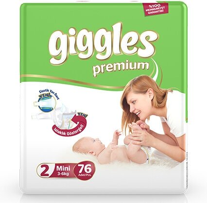 Подгузники GIGGLES PREMIUM для малышей 3-6 кг (2 размер) 76шт для чувствительной кожи.