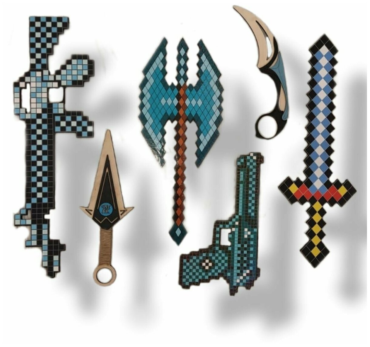 Оружие деревянное детское 6 предметов/ набор пиксельный голубой