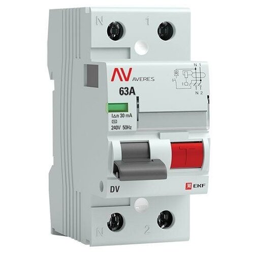 Выключатель дифференциального тока (УЗО) 2п 63А 30мА тип AC DV AVERES | код. rccb-2-63-30-ac-av | EKF (10шт. в упак.) устройство защитного отключения averes dv узо 2p 63а 30ма ac электромеханическое rccb 2 63 30 ac