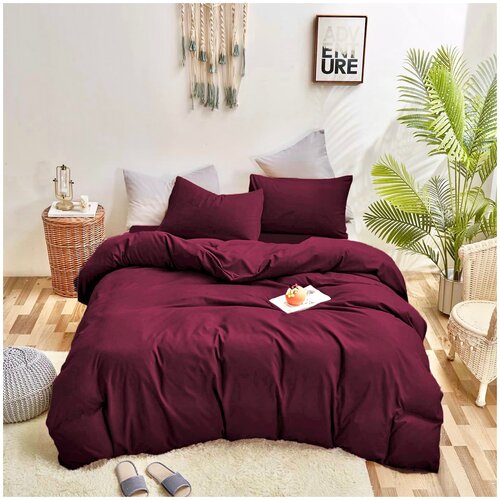 Однотонное постельное бельё, цвет Бургунди, Евро размер, Сатин, наволочки 70x70, с простыней на резинке 180х200 см
