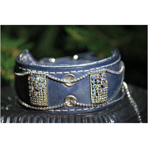 Ошейник кожаный KF collars Синий с кристальными пряжками и подвесом р. 30-35 см, ручная работа