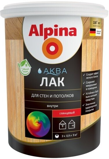 Лак акриловый Alpina аква для стен и потолков глянц. 0,9 л (1/6) "