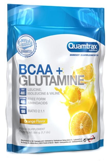 Аминокислоты Quamtrax Nutrition BCAA 2:1:1 + Glutamine Powder, апельсин, 500 г