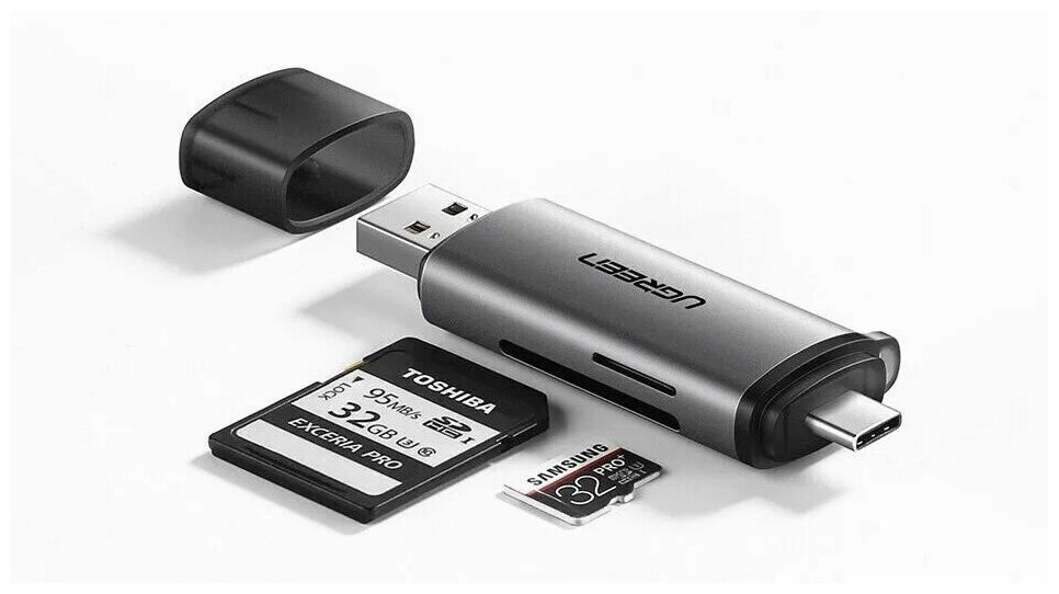Высокоскоростной Кардридер UGREEN USB-C + USB-A 3.0 устройство для чтения карт памяти TF/SD