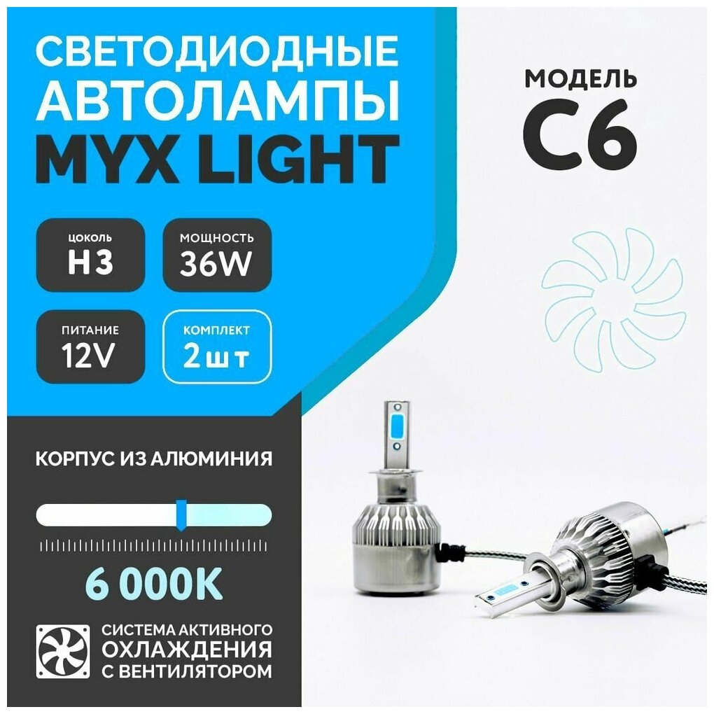 Светодиодные автомобильные лампы C6, цоколь H3, напряжение 12V, мощность 36W, LED чип COB, с вентилятором, температура света 6000K, 2 шт.