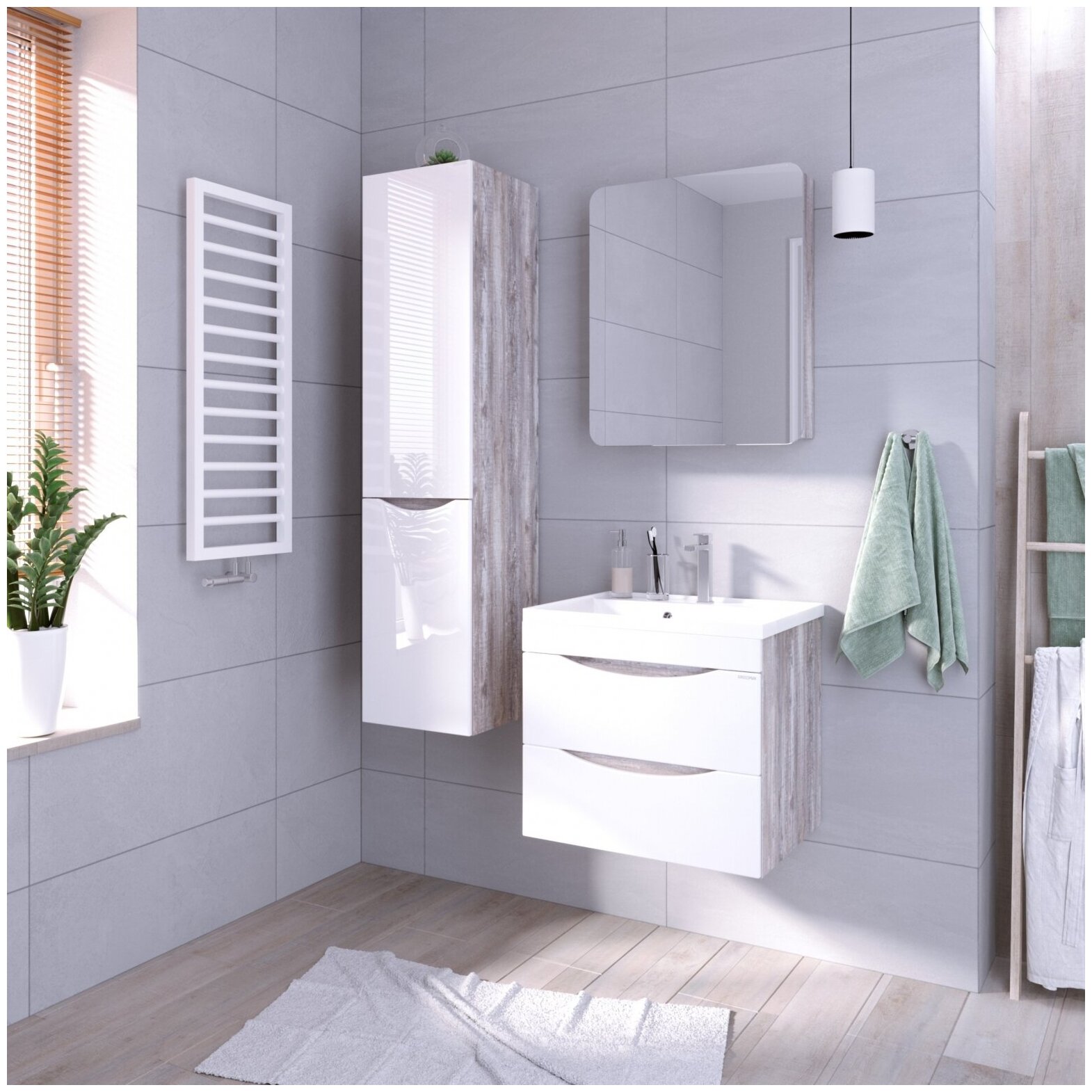 Пенал для ванной комнаты подвесной ТАЛИС-35 см с б/к универсальный бетон пайн/белый глянец - фотография № 4