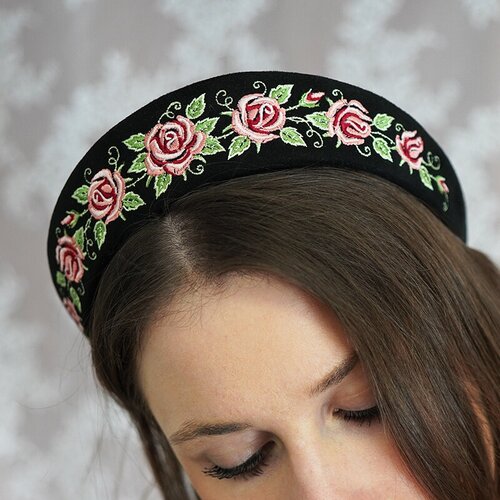 Ободок с вышивкой розы на черном, универсальный на голову, головной убор для девушки, для женщины 