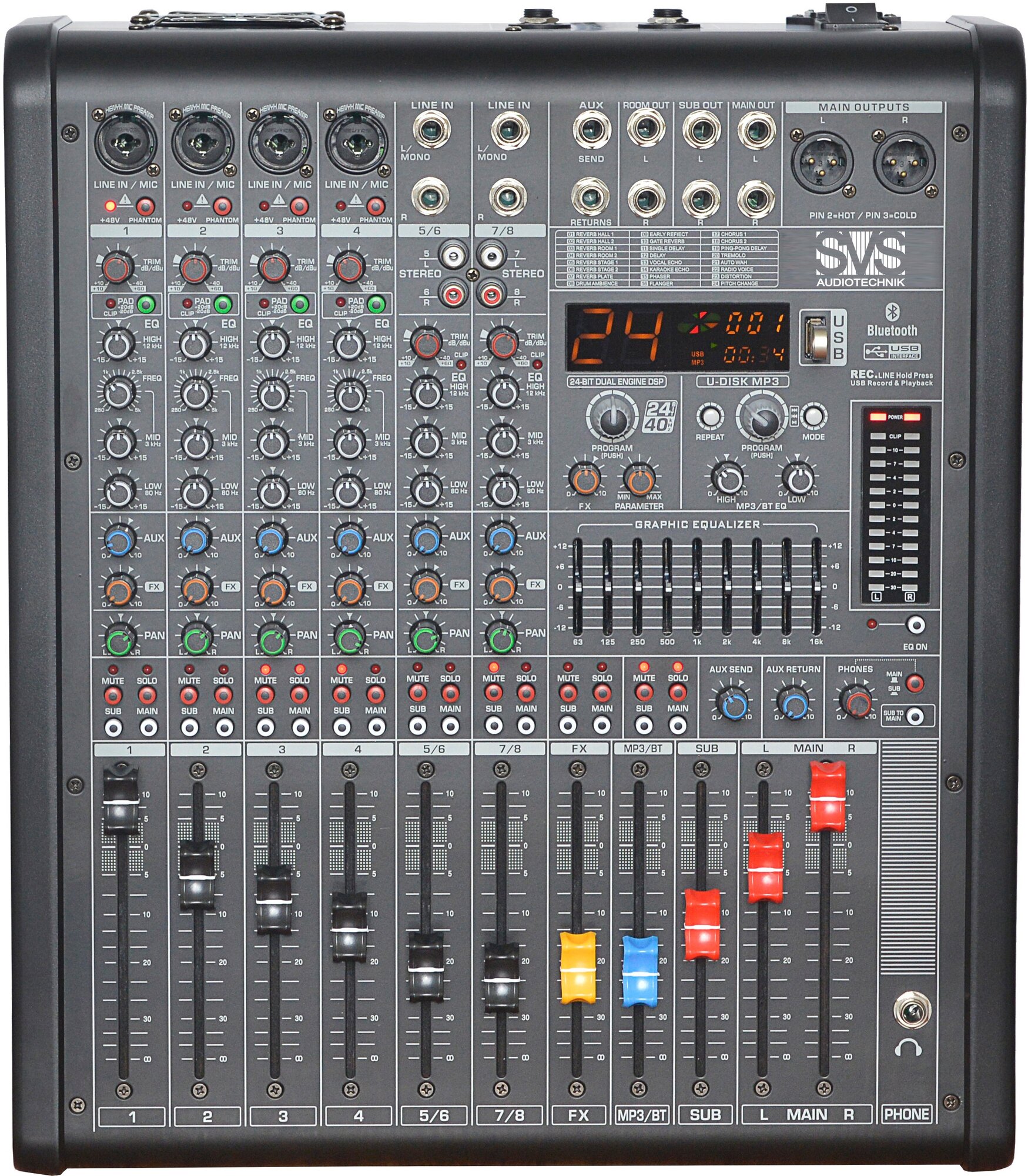 SVS Audiotechnik mixers PM-8A - активный аналоговый микшер, 2х650Вт, 4моно, 2 стерео, DSP, MP3, Blue