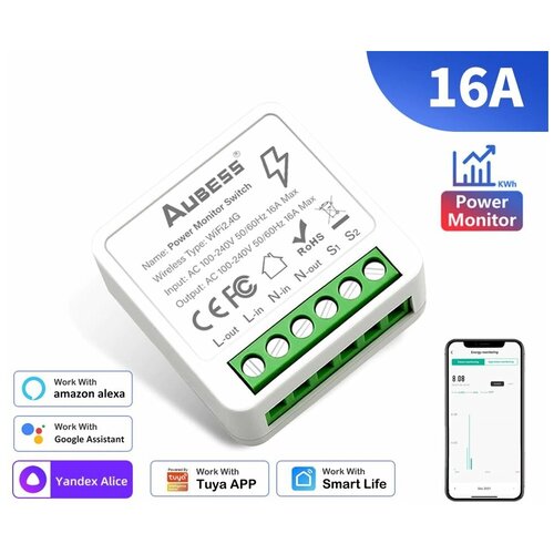 Умное реле Tuya Aubess mini 16 А Power monitor Wi-Fi 24 ГГц управление Алисой 59900₽