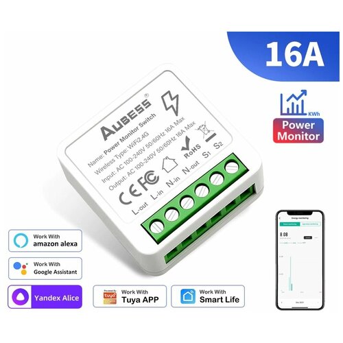 Умное реле Tuya Aubess mini 16 А, Power monitor, Wi-Fi 2.4 ГГц, управление Алисой