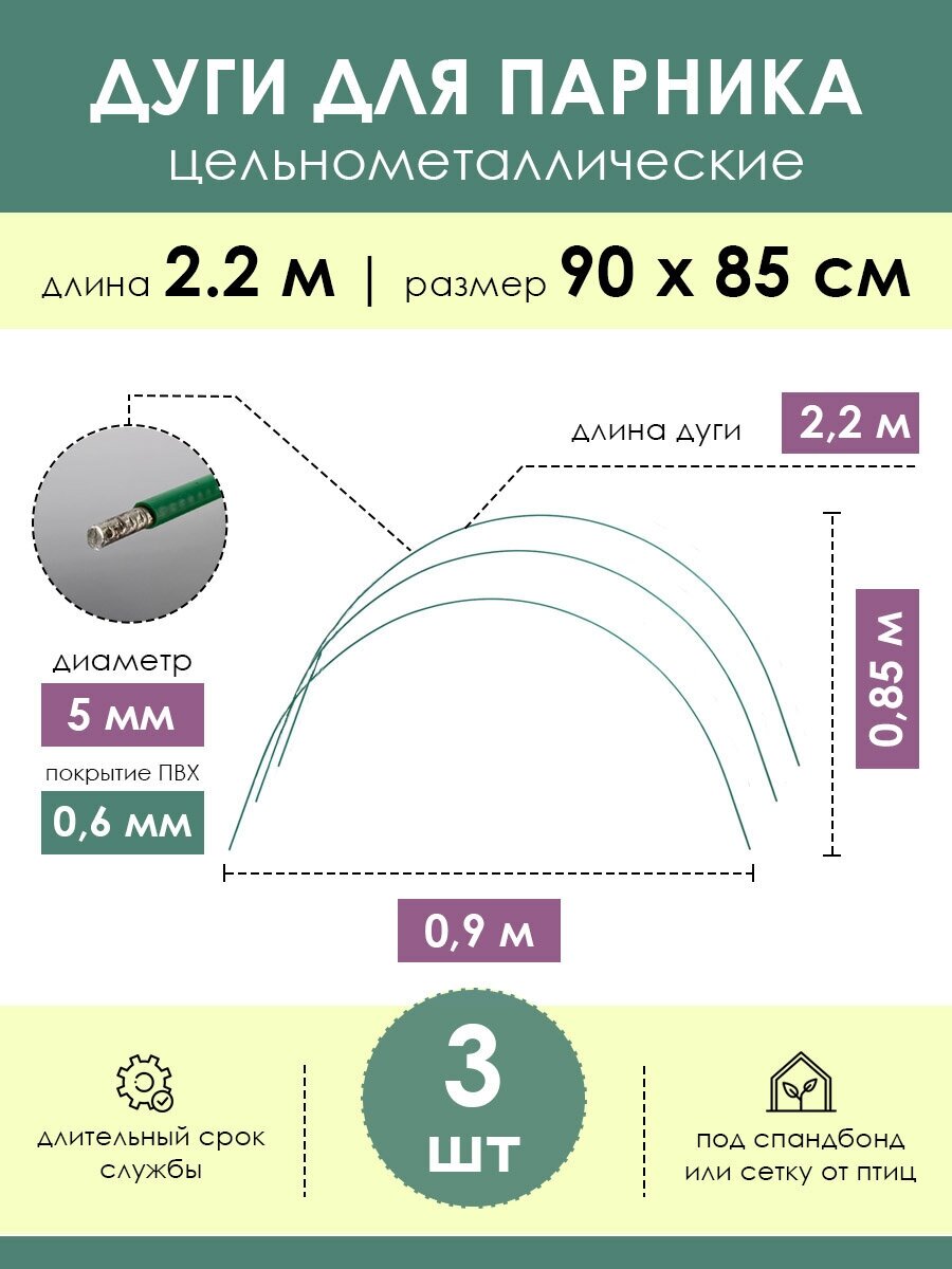 Дуги садовые парниковые металлические 2.2 м, проём 85х90 см (3 штуки), каркас под укрывной материал для парника теплицы грядки и укрытия растений