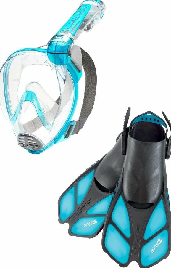 Комплект Полнолицевая маска для плавания и снорклинга CRESSI DUKE Аквамарин (размер S/M) + Ласты короткие регулируемые BONETTE (размер 36-41)