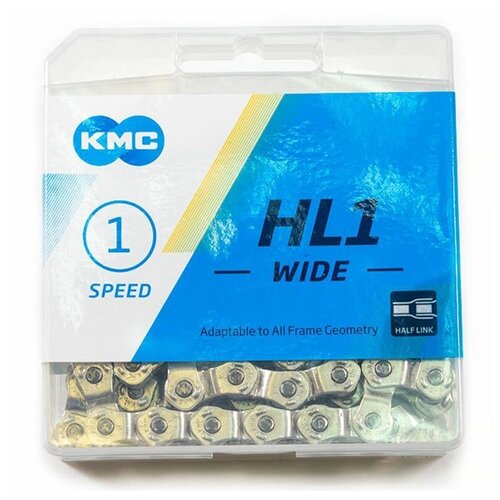 Цепь KMC K1-W для BMX, Dirt, Fixed, 1/2х1/8, 110 звеньев, пин 9.3 мм, с замком цепь 5 303789 1 2х1 8 100звеньев 9 4мм hl1 wide silver singlespeed повышенное прочности до 1050кг в пластиковые коробке 1 скоростная bmx серебристая kmc