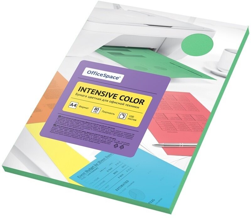 Бумага цветная OfficeSpace "Intensive Color", A4, 80 г/м, 100 листов, (зеленый) (IC_38228)