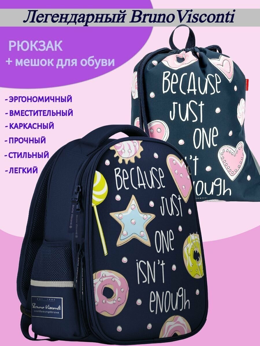 Рюкзак Bruno Visconti облегченная капсула синий "сладкое настроение" с мешком, Арт. 12-001-165/02-К