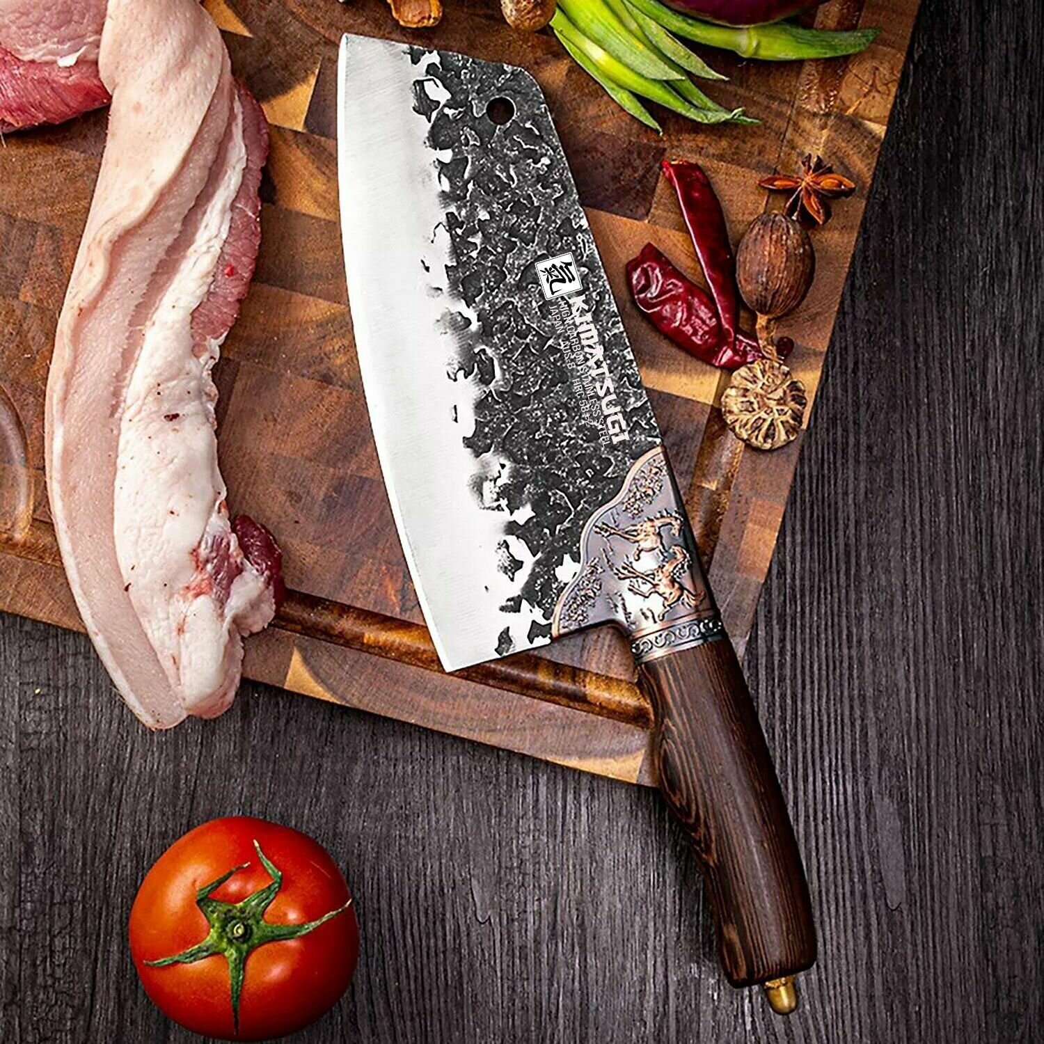KIMATSUGI / Кованый кухонный нож - топорик "Kaiju" / Нож для разделки мяса / Японская сталь AUS-8 / Длина лезвия 20 см