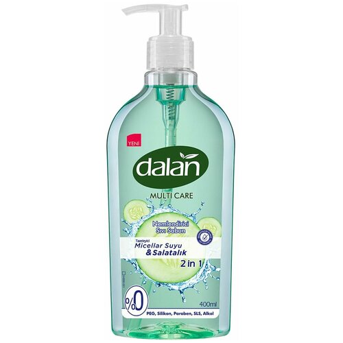 dalan женский multi care moisturizing hand wash мыло жидкое увлажняющее мицеллярная вода и солнечная папайя 400мл Мыло жидкое Dalan Multi Care 2 в1 Мицеллярная вода и огурец, увлажняющее, натуральное, 400 мл