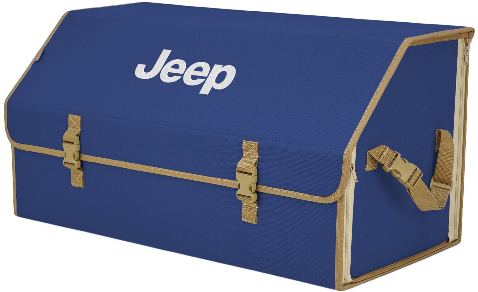 Органайзер-саквояж в багажник "Союз" (размер XL Plus). Цвет: синий с бежевой окантовкой и вышивкой Jeep (Джип).