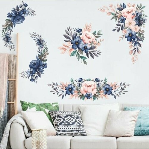 Наклейка пластик интерьерная цветная Розово-синие цветы 35х60 см 723₽
