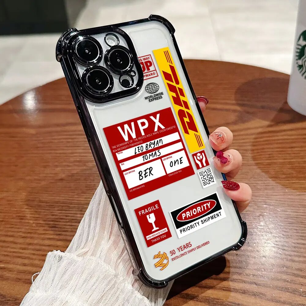 Чехол для телефона с этикеткой со штрих-кодом D-DHL для iPhone 16e 16 15 14 13 12 11 Pro Max X XR 7 8 6 Mini Plus с защитой от падения