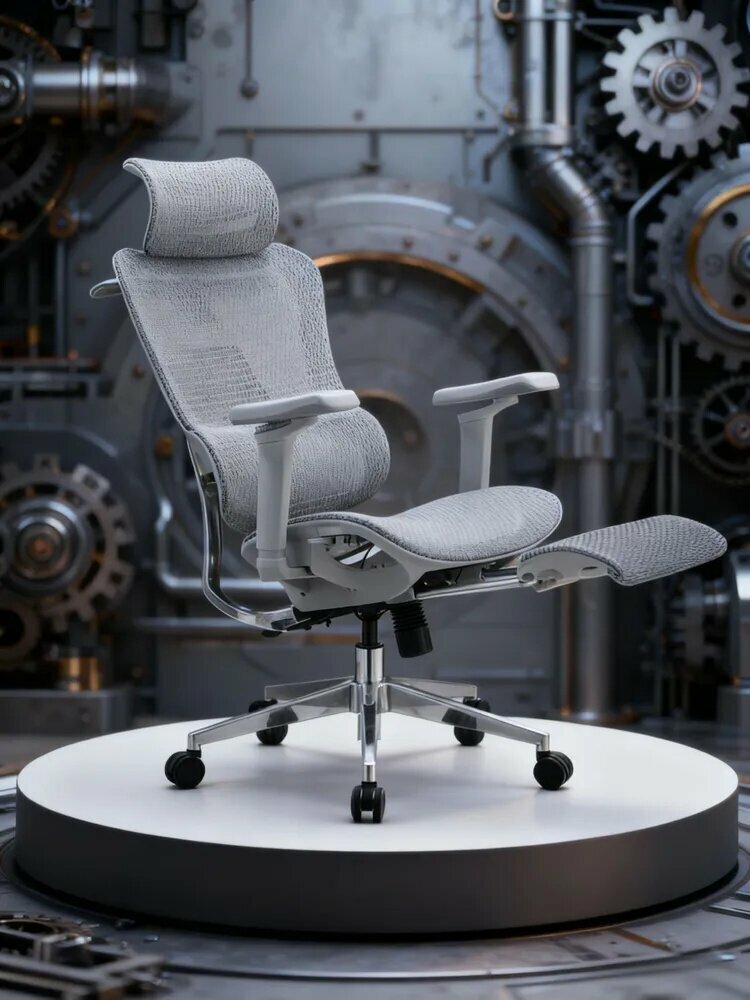 Кресло компьютерное, Офисное кресло, Серая рама из серая сетка + подголовник, полая подушка, регулировка глубины сиденья на 5 см, 3D-подлокотник; с подставкой для ног; стальные ножки