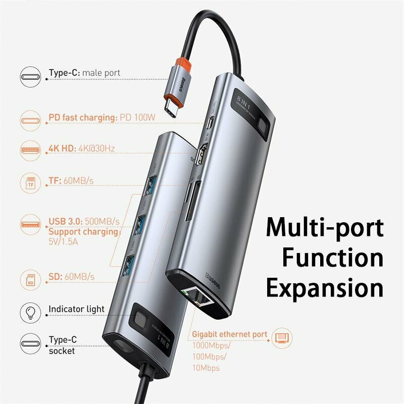 USB-концентратор Baseus "Metal Gleam" HUB, 8 в 1, алюминиевый сплав, серый — фото 1