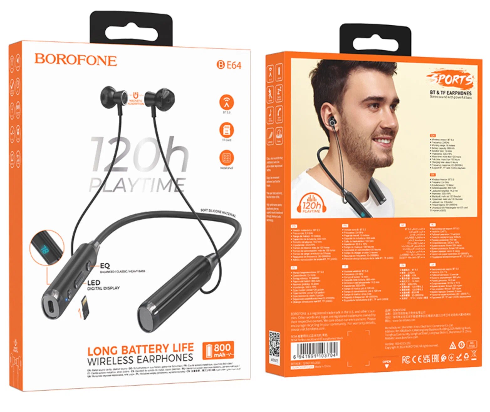 Bluetooth-гарнитура BOROFONE BE64 , Bluetooth 5.3, до 120 ч работы, microSD, магнитные наушники, защита от влаги и пыли