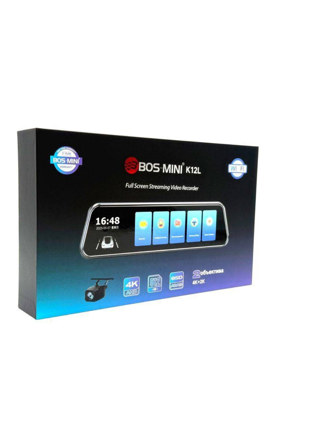 Зеркало видеорегистратор BOS-MINI K12L две камеры 4К WiFi полный сенсорный экран