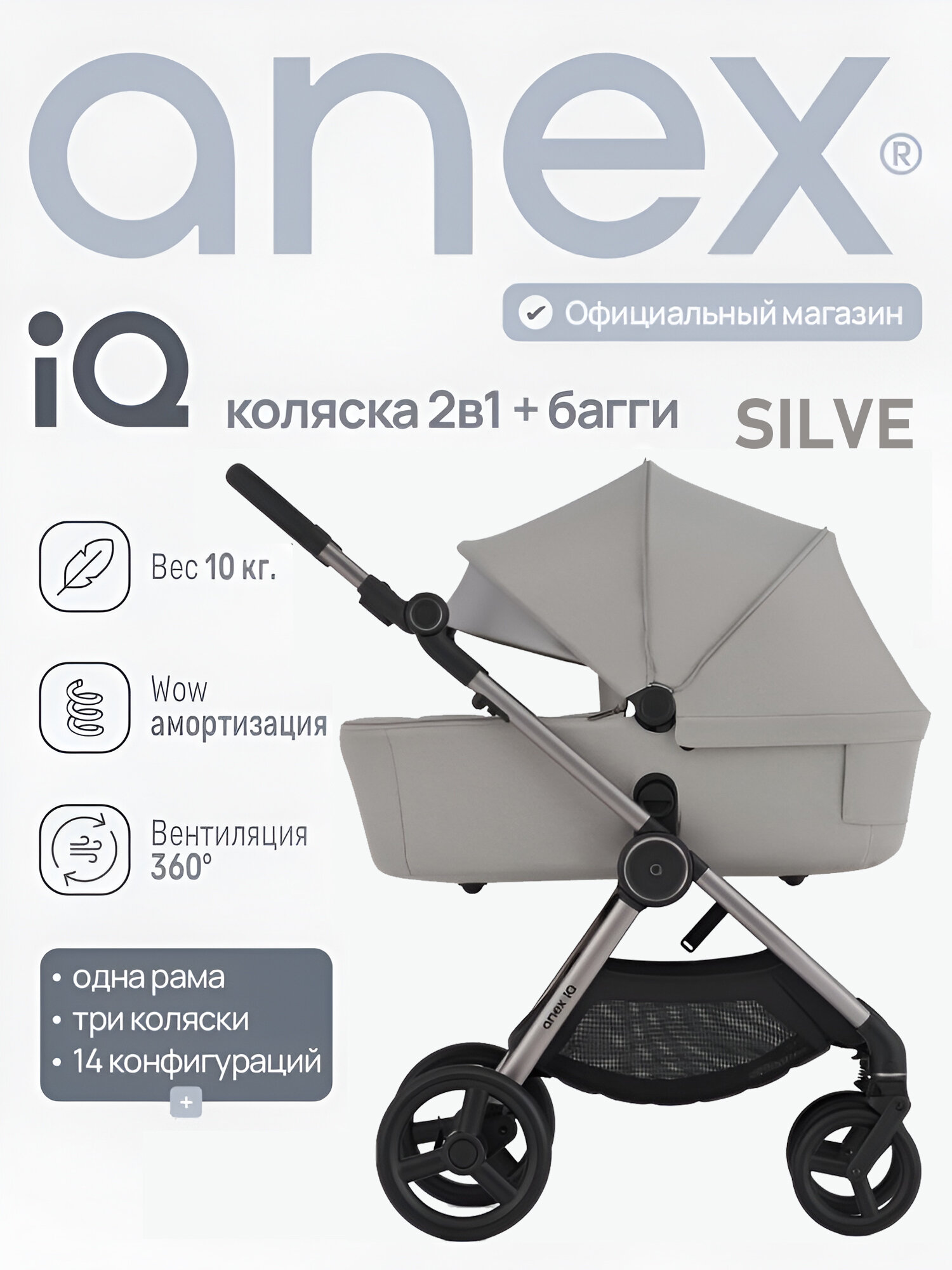 Детская коляска Anex IQ, 2 в 1 (люлька и прогулочный блок), Европейский бренд, сделана в Польше