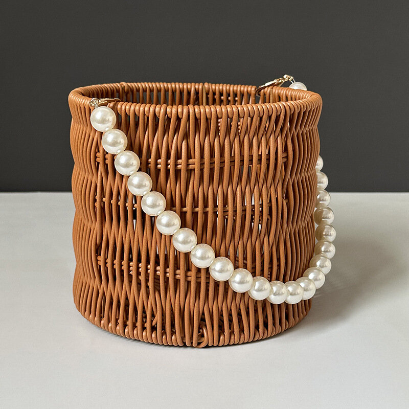 Круглая корзина из ротанга с цепочкой-жемчугом, 16 см диаметр x 14,5 см высота, ручная работа для свадебных подарков