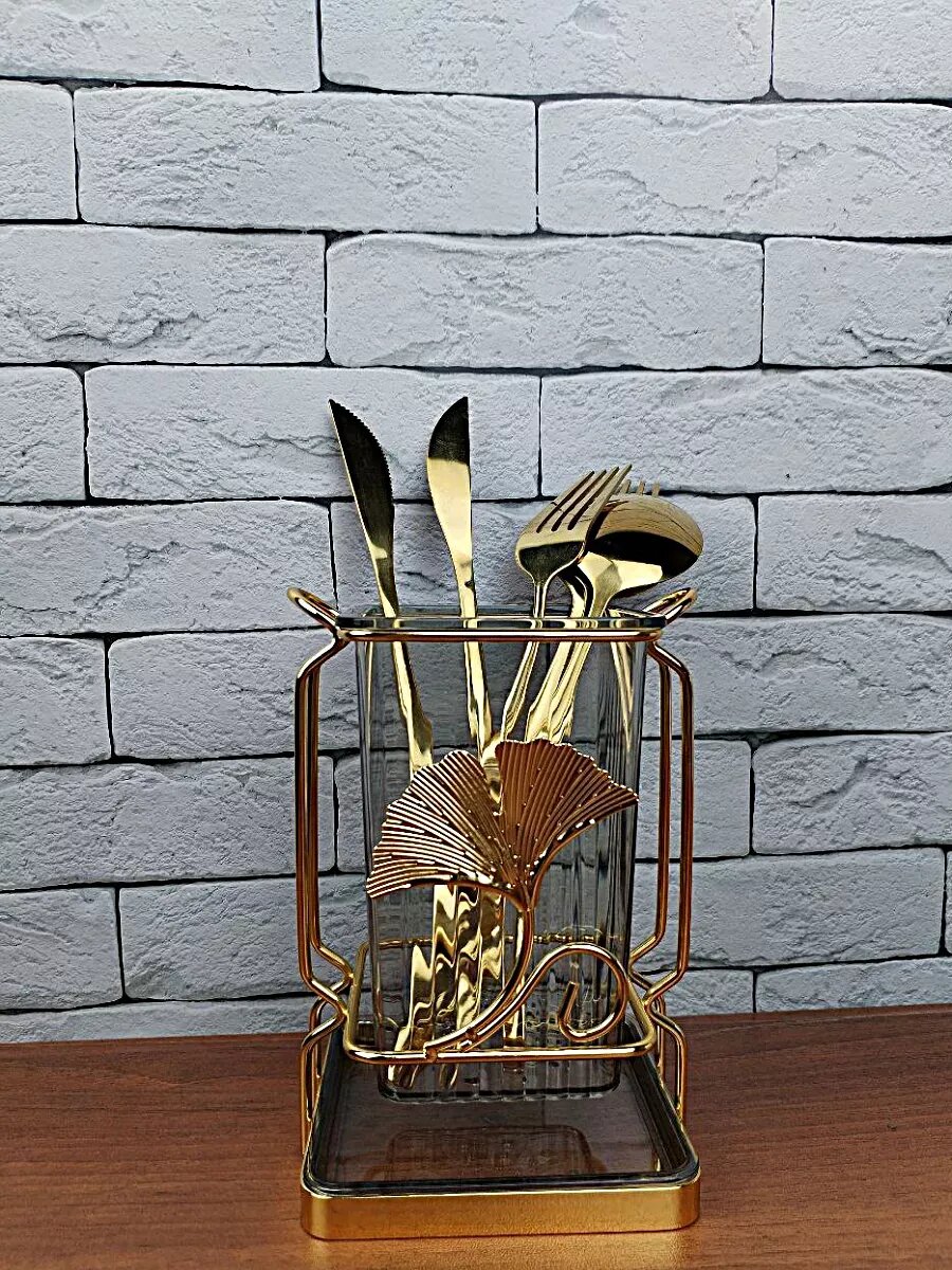 Подставка для столовых приборов настольная, нержавеющая сталь/пластик, серебристо-золотистая,