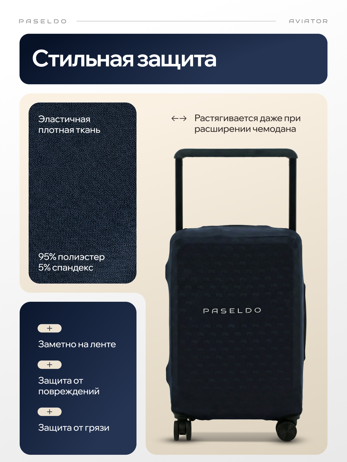 Чехол для чемодана PASELDO, размер M, синий — фото 1