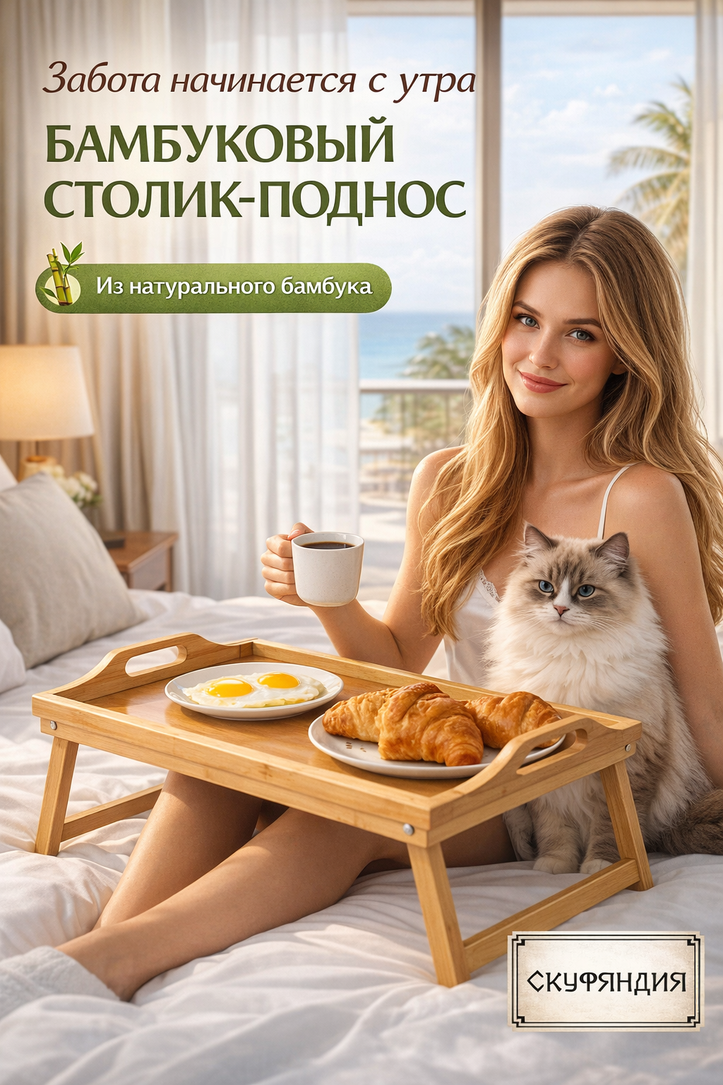 Складной деревянный столик-поднос из бамбука для завтрака и ноутбука — для кровати, дивана и отдыха