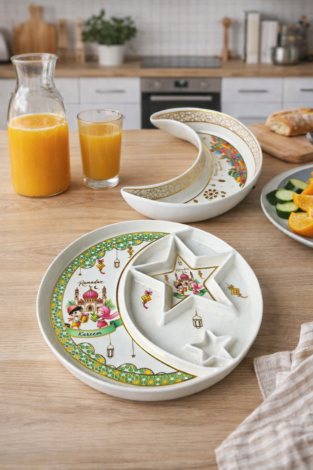 Тарелка "Ramadan Kareem", сервировочная, фигурная, золотистая, керамическая, Секционная тарелка в форме луны и звезды
