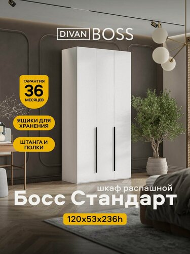 Изображение товара Шкаф распашной, Босс Стандарт, 120х53х236 см, 3х дверный, белый