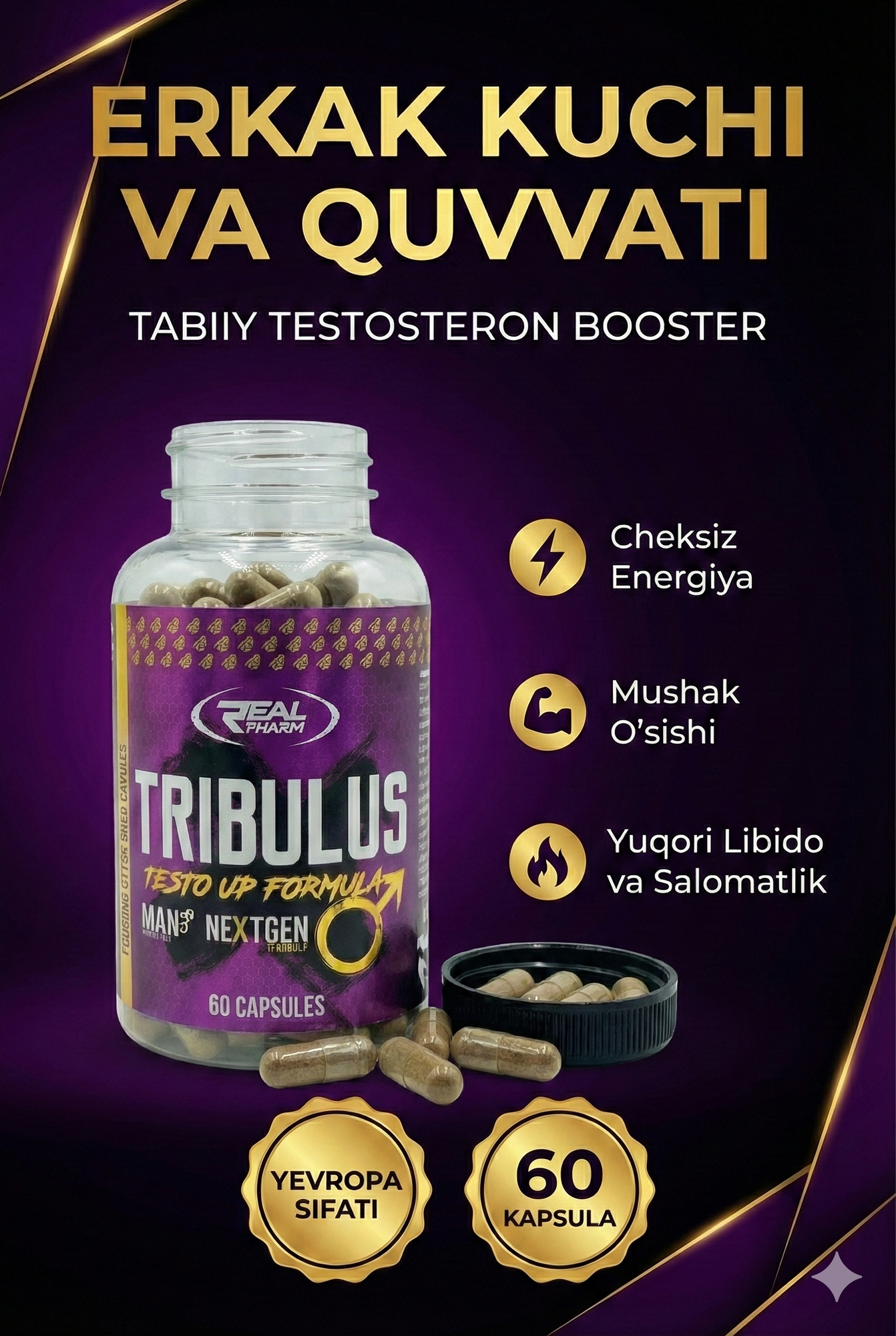 Тестостероновый бустер Real Pharm TRIBULUS, 1000мг, 60капсул — фото 1