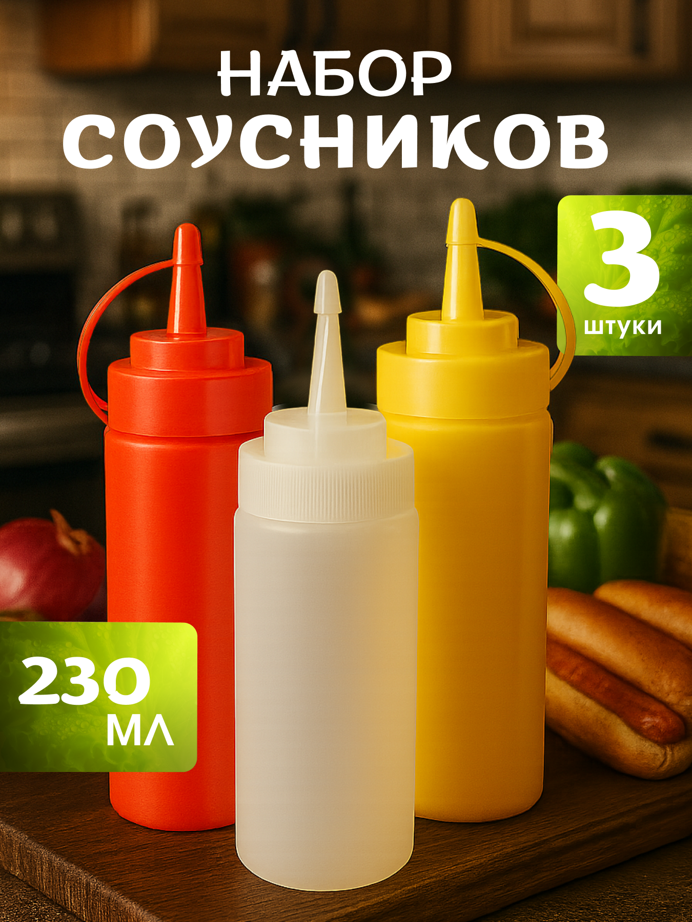 Набор емкостей для соусов (цветные) - бутылка с крышкой для майонеза, горчицы, кетчупа - набор 3 штуки, объем 230мл