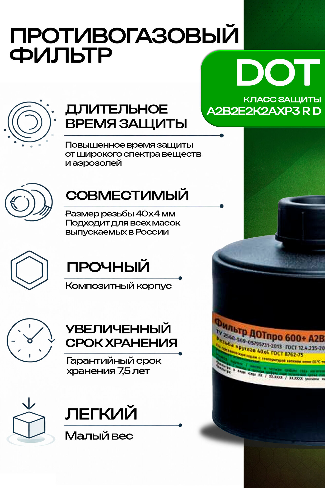 Фильтр противогазовый ДОТ про 600+ марки А2В2Е2К2АХР3RD