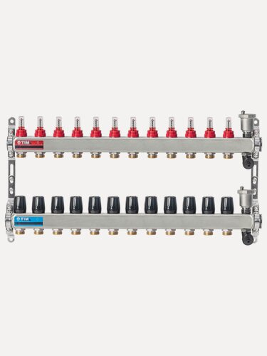 Изображение товара Коллекторная группа 12 контуров с расходомерами 1" * 3/4" E, с дренажными кранами и воздухоотводчиками нерж. сталь, TIM, KCS5012