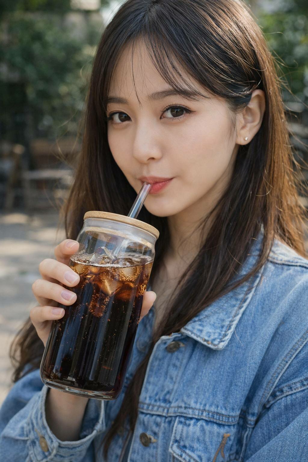 Стеклянный стакан с бамбуковой крышкой и стеклянной трубочкой, 500 мл