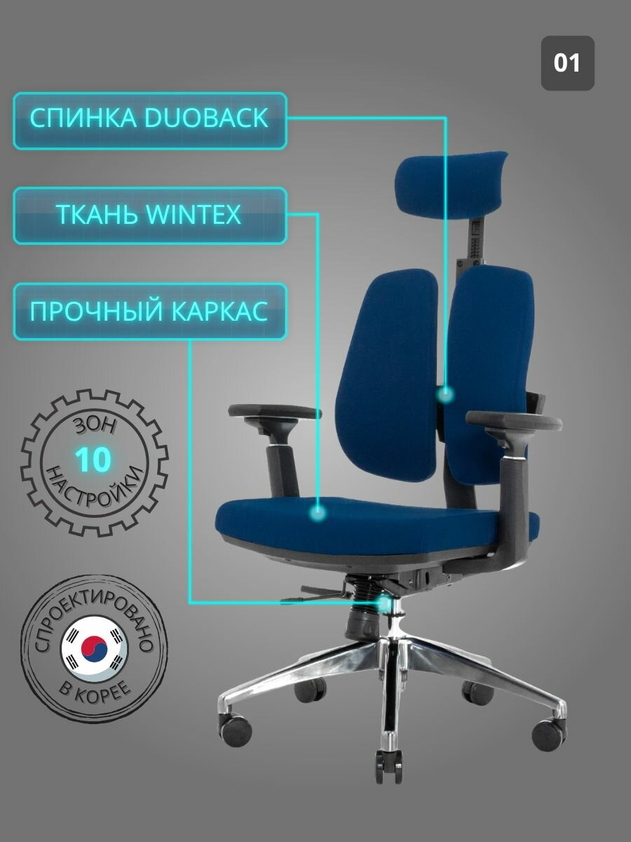 Кресло компьютерное офисное FALTO Orto Alpha, синее, темный каркас, ортопедическое, эргономичное, для руководителя