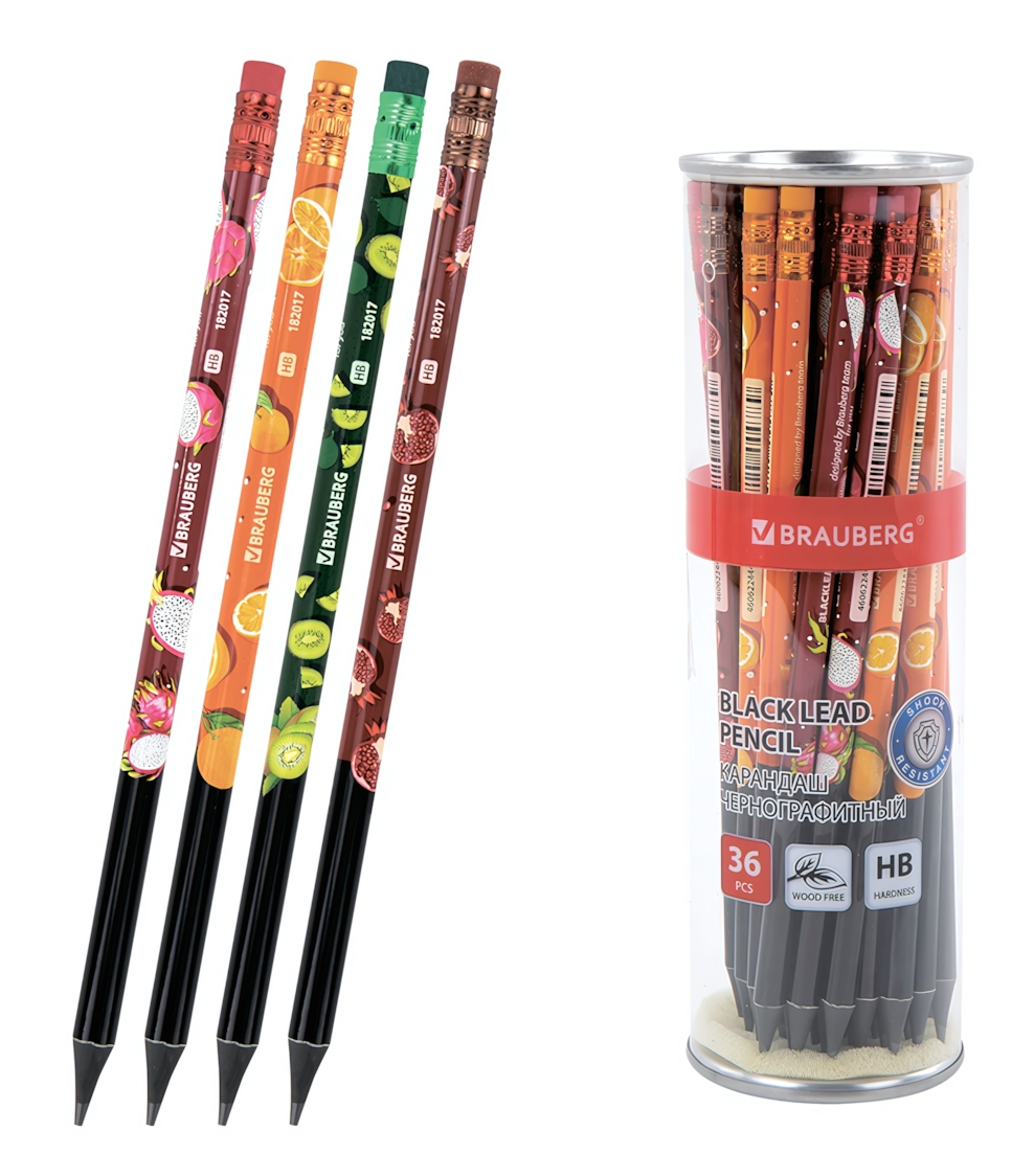 Карандаш чернографитный HB BRAUBERG "Juicy fruit", с ластиком, 190 мм, разноцветный принт