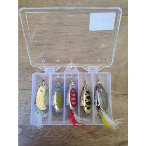 Набор блёсен-вертушек для рыбалки (5 шт, 12 грамм) – универсальные, на щуку, окуня, судака, форель, карпа + кейс