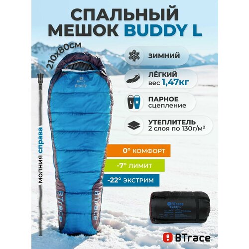 фото Спальный мешок кокон btrace buddy l -7.-22, правый, серый; синий, спальник туристический экстремальный