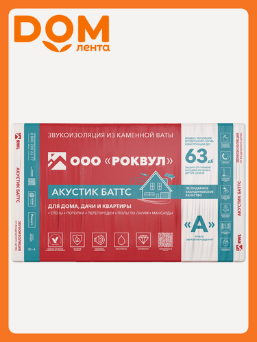 Изображение товара Шумоизоляция ROCKWOOL "акустик баттс", 100x600x1000 мм, 3 кв. м, НГ, 5 шт
