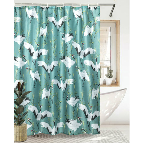 фото Штора занавеска для ванной bath plus 180*180 тканевая cranes журавль без колец