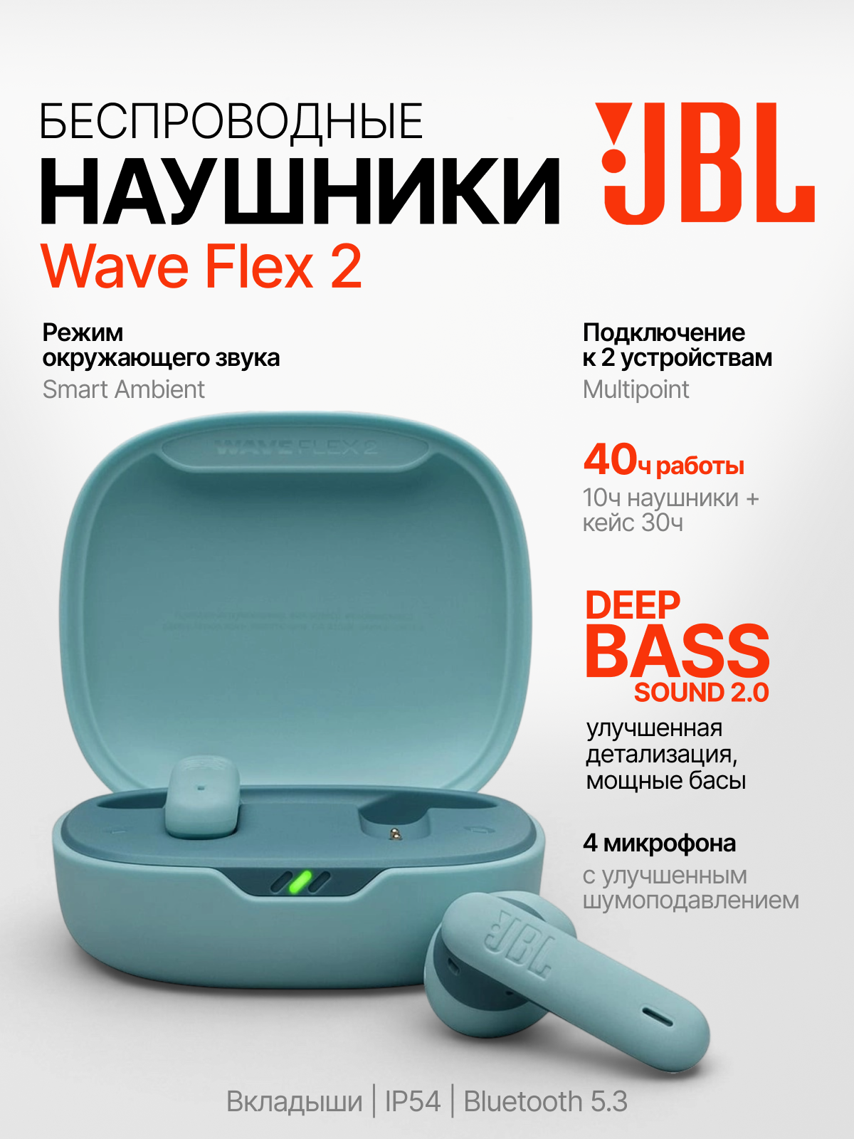 Беспроводные наушники JBL Wave Flex 2 TWS, вкладыши Bluetooth с микрофоном, до 40 часов, Multipoint, синие